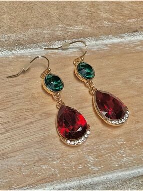 Gold-Tone Red Teardrop & Green Round Crystal Drop Earrings